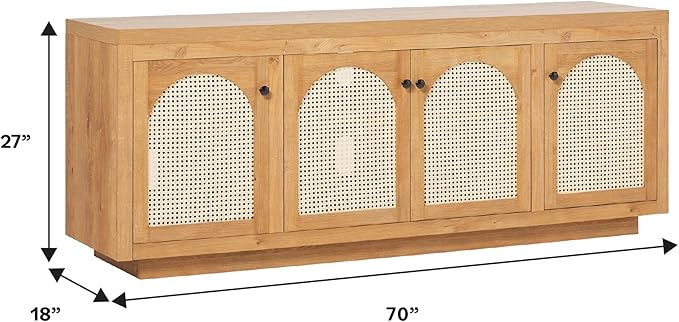 Walker Edison Sasha 4-Door Sideboard Buffet with Arched Rattan Panels, 70 Inch, English Oak