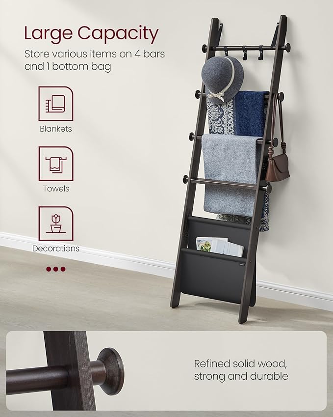 VASAGLE Blanket Ladder for Living Room, 5-Tier Wooden Ladder Shelf, Decorative Farmhouse Blanket Rack with Synthetic Leather Bag, Metal Hooks, Side Hooks, for Bedroom, Ink Black ULLS022B01