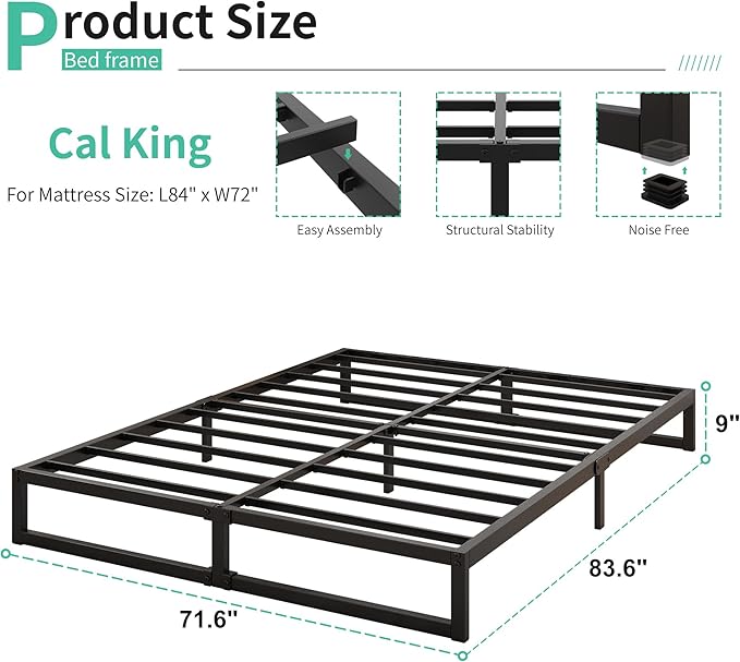 9 Inch California King Bed Frames No Box Spring Needed Heavy Duty Metal Cal King Platform for Mattress Foundation, Noise Free, Easy Assembly, Black