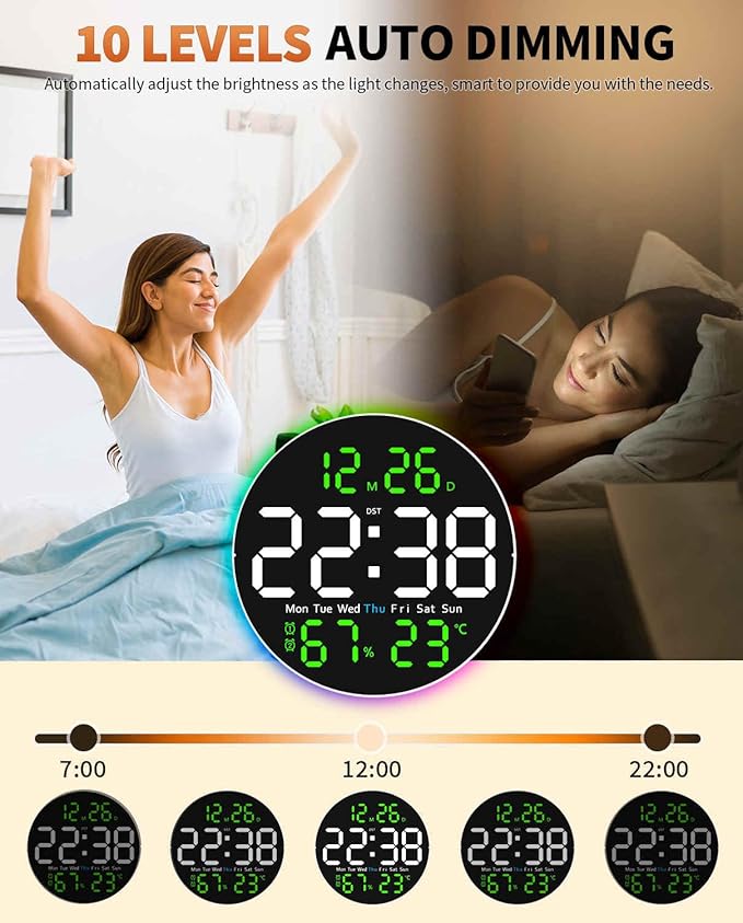 10 Inch Large Digital Wall Clock with 9 Color Changing Remote Control, Date Week Temperature, Auto Brightness Dimmer Big Clock with Night Lights,Green