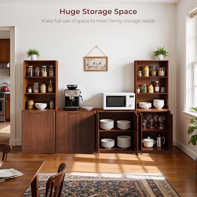 Evermagin 4-Piece Entertainment Center with Bookshelves for TVs up to 65", Mid Century Modern TV Stand with Bookcases, Walnut Buffet Cabinet with Storage for Living Room