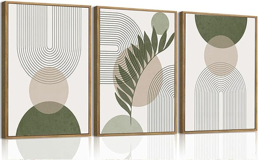 Bwodke Boho Wall Art, Framed Abstract Wall Art, Sage Green Canvas Wall Decor, Mid Century Line Leaf Geometric Pictures Set of 3, Minimalist Paintings, for Bedroom Living Room Bathroom 16"x24"