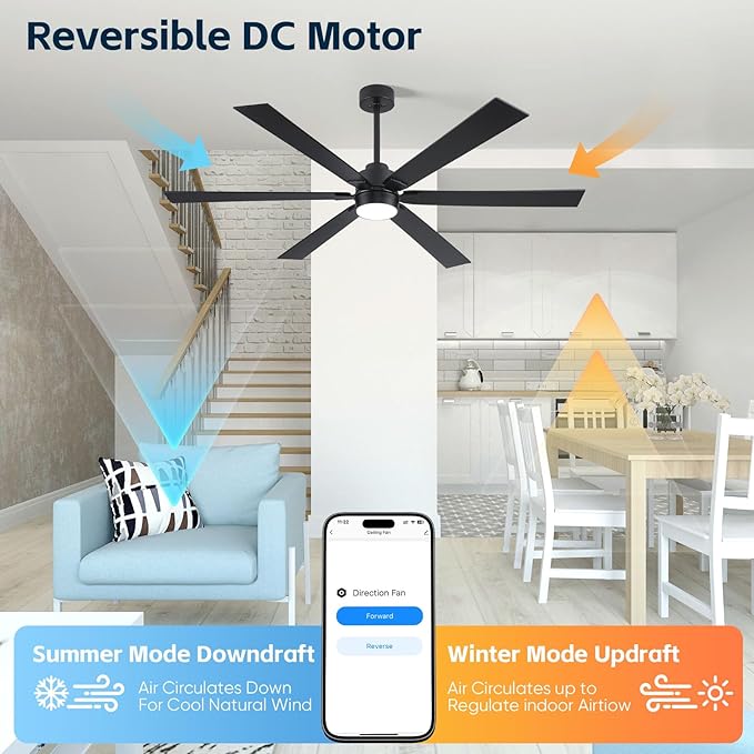 66" Outdoor Ceiling Fan with Light Remote, Wifi Smart Ceiling Fan with Light Alexa, Noiseless Reversible DC Motor, High CFM Damp Rated Ceiling Fans for Patios Porch Living Room Garage, Modern Black