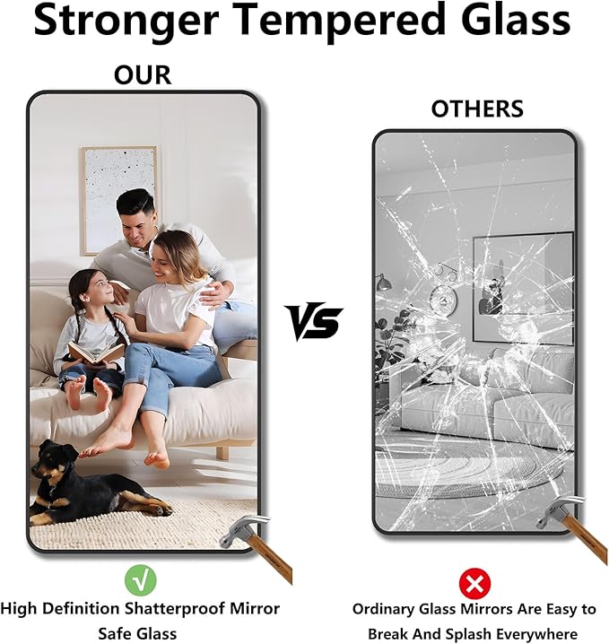 Koonmi Bathroom Mirror, 36X71 Inch Black Metal Framed Mirror for Bathroom, Tempered Glass, Anti-Rust, Rounded Rectangle Mirror for Restroom, Bedroom, Black