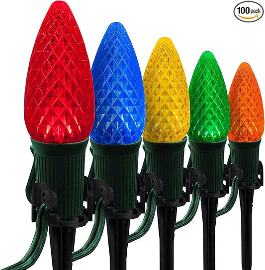 Wintergreen Lighting OptiCore LED C9 Multicolor Christmas Pathway Lights, Heavy Duty Bulbs for Driveway, Walkway Marker, 5" Commercial PathPRO Stakes, 18 Gauge Plug-in Green Wire, 100 Lights, 100 ft