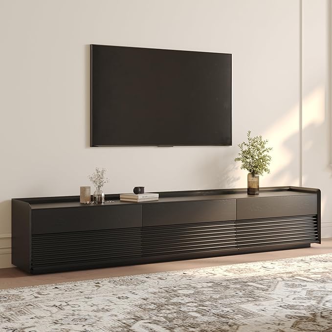 POVISON Fully-Assembled Mid Century Modern TV Stand, 94.49" Wood Media Console with Adjustable LED Light, Entertainment Center with Storage for Living Room