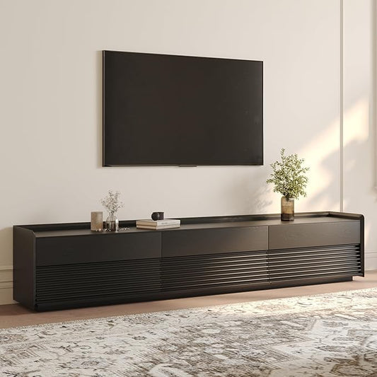 POVISON Fully-Assembled Mid Century Modern TV Stand, 94.49" Wood Media Console with Adjustable LED Light, Entertainment Center with Storage for Living Room(Black)