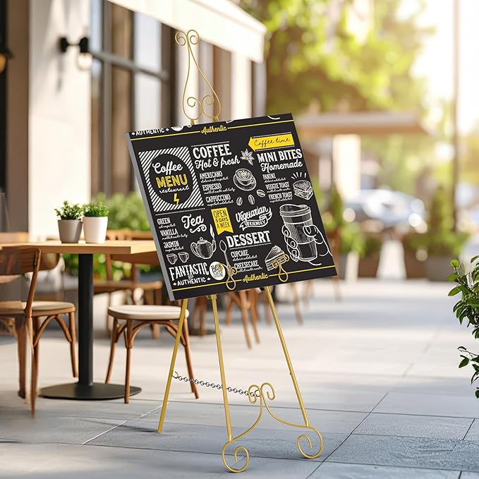 1 PC Easel Stand for Sign, Metal Poster Easel Holder, Adjustable Wedding Sign Stand with Chain Support for Display, Party Painting, Gold.