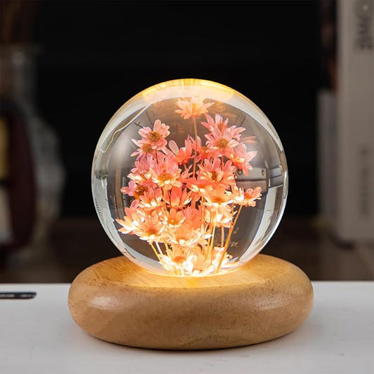 Birthday Gifts for Women, Daisy Crystal Ball Night Light, 2.76 inch Glass Ball Lamp with Wooden Base, Perfect Daisy Décor & Daisy Gifts for Mom(Red Daisy)