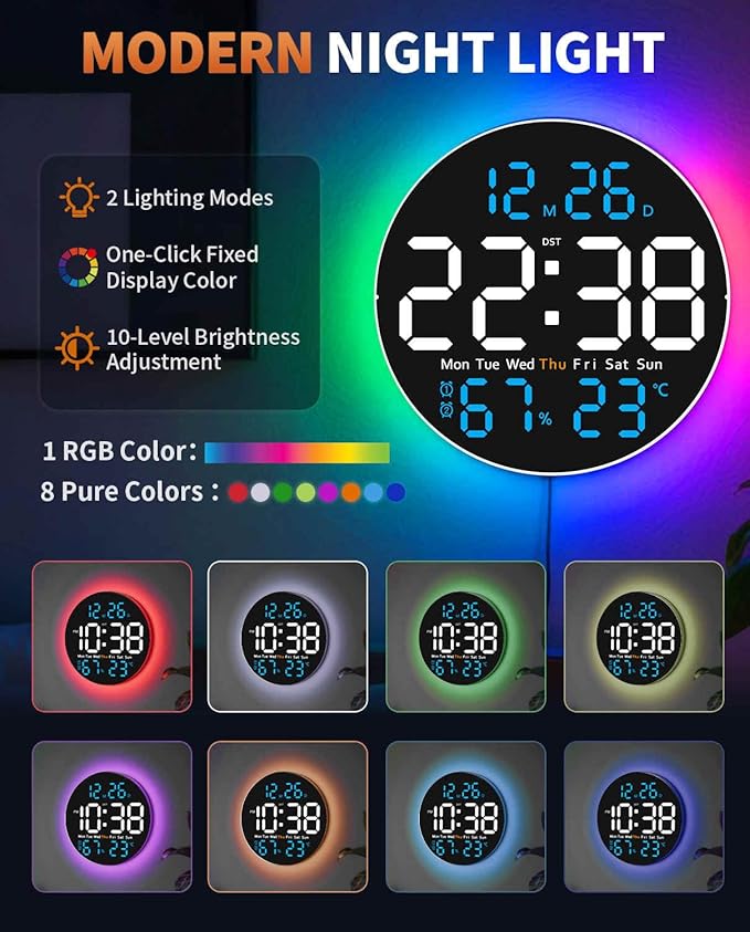 10 Inch Large Digital Wall Clock with 9 Color Changing Remote Control, Date Week Temperature, Auto Brightness Dimmer Big Clock with Night Lights,Blue