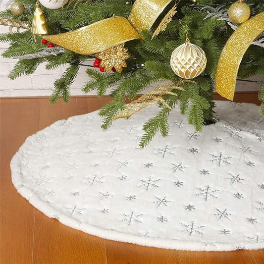 Sattiyrch Sequin Christmas Tree Skirt with Silver Snowflakes,Faux Fur White Soft Christmas Decorations for 10ft 12ft Xmas Tree (Silver Sonwflakes,59in)