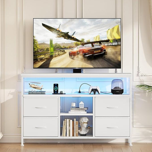 Sweetcrispy TV Stand Dresser for Bedroom 4 Drawers Entertainment Center with LED Lights and Power Outlets Media Console for 50 Inch TV Living Room Furniture with Open Shelf Adjustable Feet, White