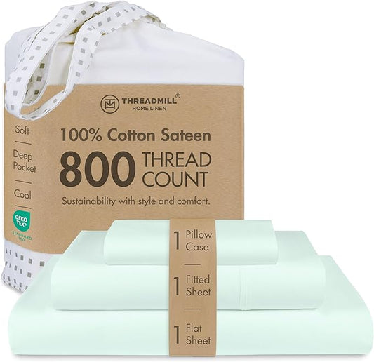 Threadmill Sheets for Twin XL Mattress | 800 Thread Count Twin XL Bed Sheets Set with 15” Deep Pocket | Sateen Weave, Better Than Egyptian Cotton, 3-Piece Bedding Set with Cooling Effect | Seaglass