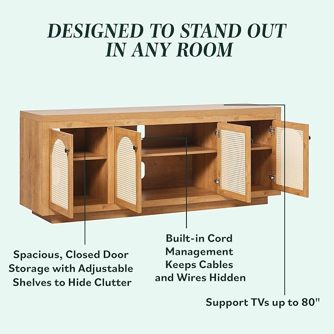 Walker Edison Sasha 4-Door Sideboard Buffet with Arched Rattan Panels, 70 Inch, English Oak