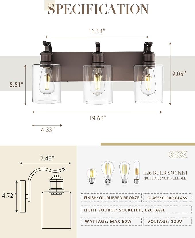 3 Light Bathroom Vanity Light, Morden Bathroom Lighting Fixtures Over Mirror Oil Rubbed Bronze Wall Light Fixtures with Clear Glass Shade ZCVL01ORB-3