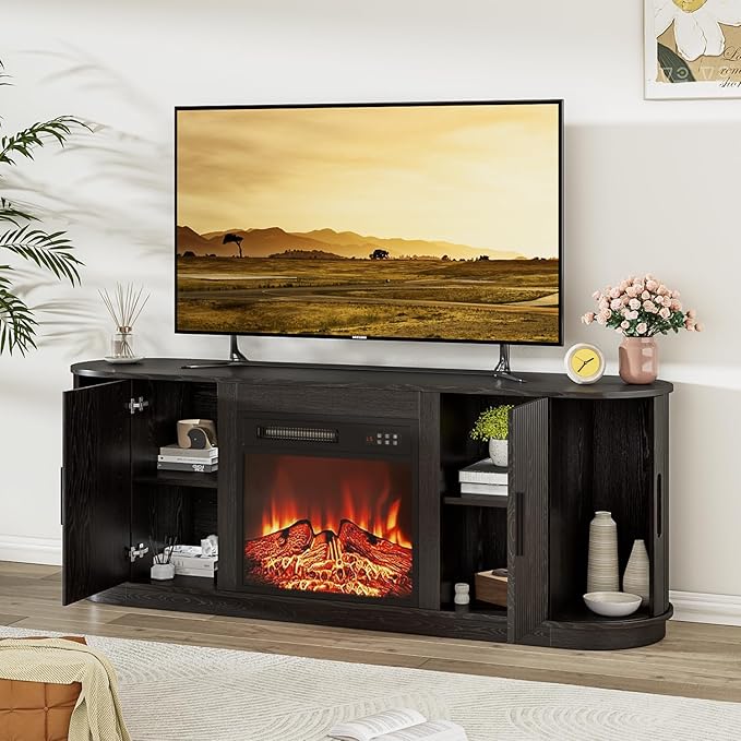 Fluted TV Stand with Fireplace, 60" Modern Fireplace TV Stand for Living Room, Entertainment Center with 18" Electric Fireplace, Curved Design Media Console Cabinet for Living Room (Black)