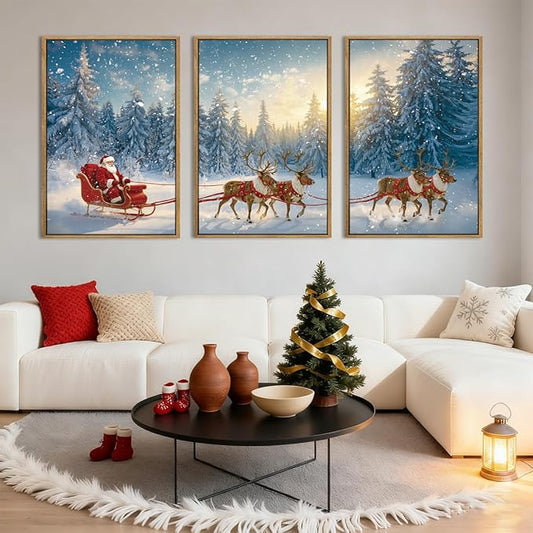 Framed Christmas Wall Art Santa Claus Wall Art Santa Winter Artwork for Living Room Bedroom Dining Room 12x16 Inches Set of 3