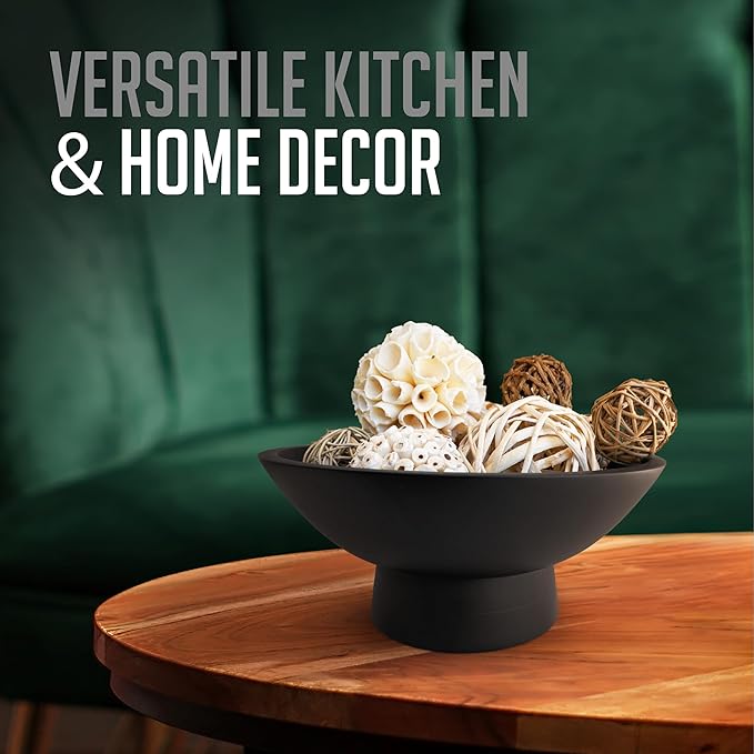 Black Pedestal Bowl - 12 Inch, Wide Black Footed bowl as Fruit, Key, Decorative, Candy Holder or Centerpiece, Wooden Bowl Decorative for Kitchen, Dining Table & Modern Home Accessories
