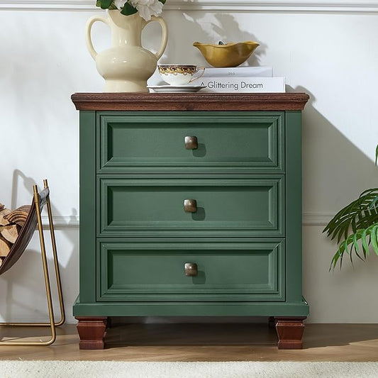 Farmhouse Nightstand with 3 Drawers, Rustic Couch End Table with 4 Square Solid Wood Legs, Mid-Century Vintage Bed Side Table with Storage, Small Dresser for Bedroom, Living Room, Green