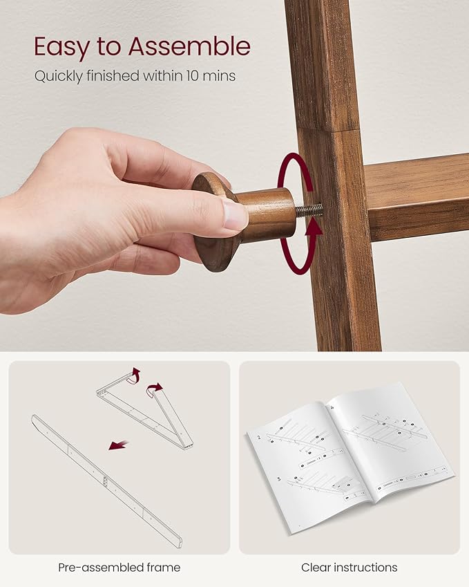 VASAGLE Blanket Ladder for Living Room, 5-Tier Wooden Ladder Shelf, Decorative Farmhouse Blanket Rack with Synthetic Leather Bag, Metal Hooks, Side Hooks, for Bedroom, Caramel Brown ULLS022K01