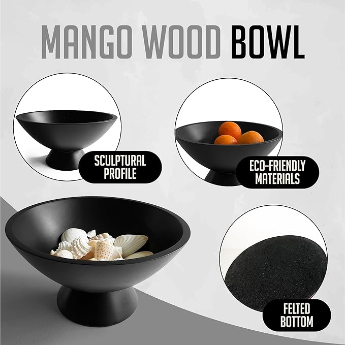 Black Pedestal Bowl - 10 Inch, Wide Black Footed Bowl as Fruit, Key, Decorative, Candy Holder or Centerpiece, Wooden Bowl Decorative for Kitchen, Dining Table & Modern Home Accessories