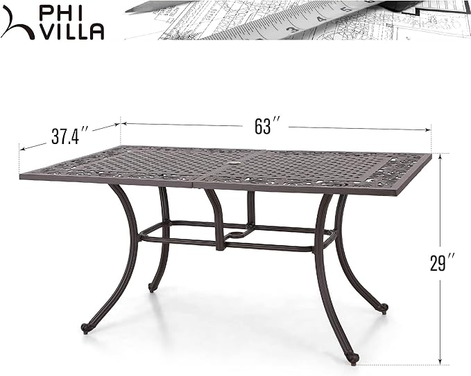 PHI VILLA 64" Outdoor Cast Aluminum Table for 6, Brown Rectangular Metal Dining Table with Umbrella Hole, All Weather Retro Patio Furniture for Outside Deck, Porch, Backyard