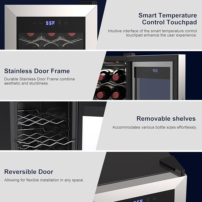 18 Bottle Wine Cooler with 41-68℉ Digital Temperature Control Stainless Steel 1.7 Cu.Ft LED Light undercounter Glass Door Compressor Small Compact for Red, White and Champagne Beer