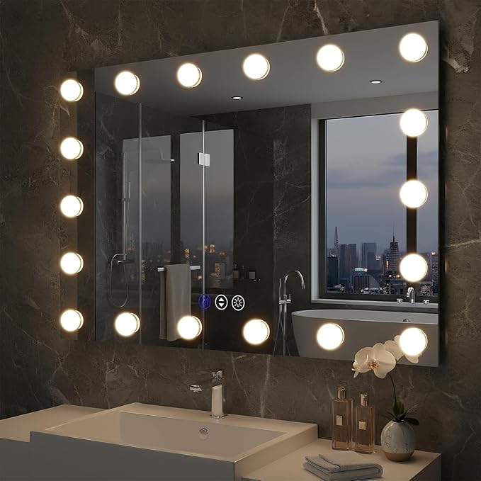 40x28 Hollywood LED Bathroom Vanity Mirror with Dimmable Bulbs, 3 Lighting Modes, Fogless Mirror, Shatter-Proof, Corrosion Proof, Smart Mirror, Memory, Wall Mountable, Horizontal/Vertical