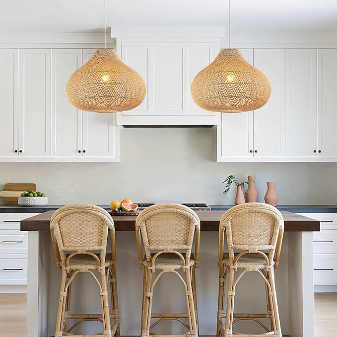 Large Rattan Pendant Light, 19.7" Rattan Boho Wicker Chandelier Hand-Woven Basket Pendant Light Fixtures for Dining Room Kitchen Island Living Room