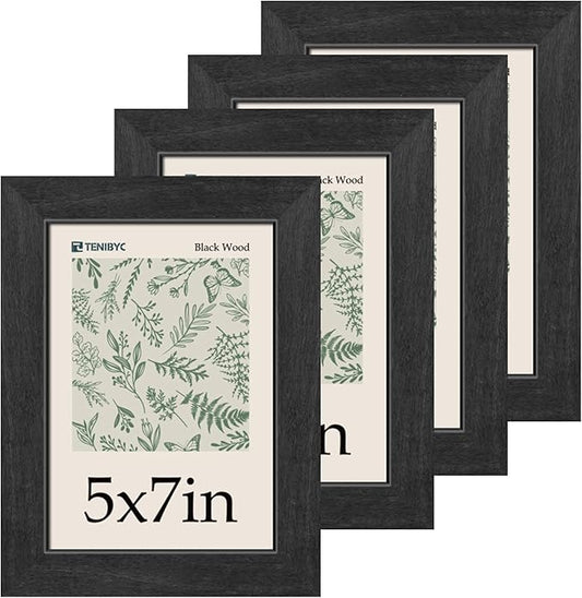 5x7 Picture Frame 4 Pack, Black Wood Photo Frame, HD Tempered Glass, Table Display or Wall Hanging