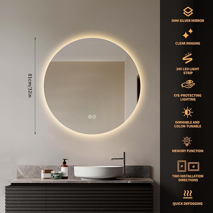 Round LED Bathroom Mirror with Light, Backlit Mirror for Bathroom, Frameless LED Smart Vanity Mirror with 3 Color Lights, Anti-Fog, Smart Touch Button, Shatter-Proof, IP65, 90+ CRI (32" L x 32" W)