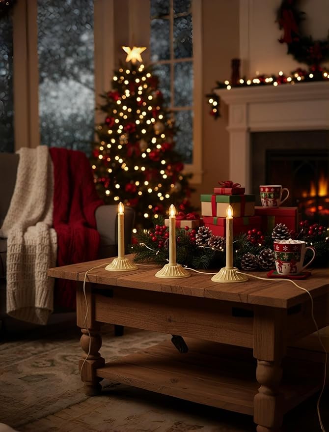 1 Light Christmas Window Candles, Electric Window Candles with 4 C7 Light Bulbs, Plug in Electric Candle for Christmas Party Home Decorating Restaurant Table Décor, Ivory -2 Pack