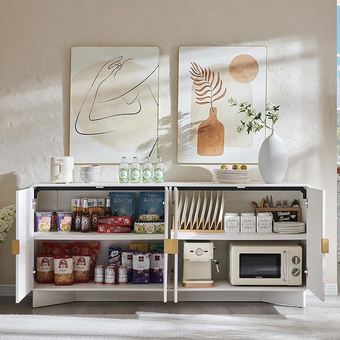 Modern Buffet Cabinet with Storage, 70" Large Sideboard Buffet Storage Cabinet with 4 Doors and Adjustable Shleves, Wooden Curved Coffee Bar for Dining Room, Kitchen, Living Room, White