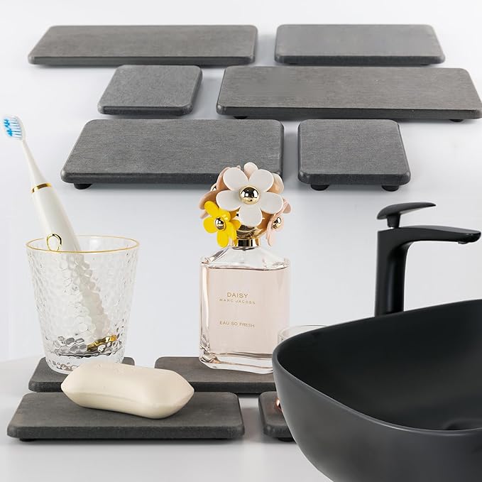 Set of 4 Water Absorbent Diatomite Coasters, Diatomaceous Earth Kitchen Soap Dish, Bathroom Trays, Water Absorbing Stone Used for Hand Soaps & Plants & Toiletries in The Modern Home