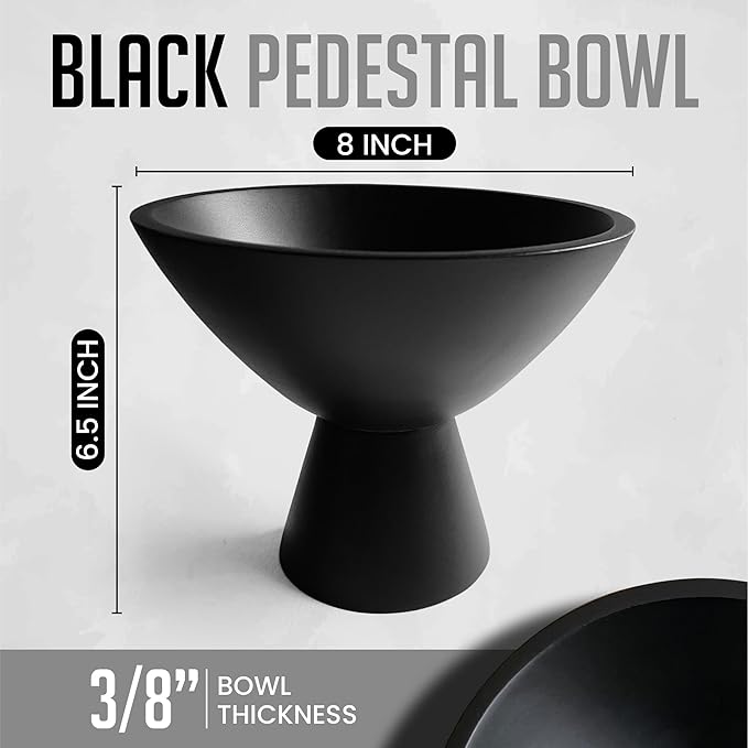 Black Pedestal Bowl - 8 Inch, Wide Black Footed Bowl as Fruit, Key, Decorative, Candy Holder or Centerpiece, Wooden Bowl Decorative for Kitchen, Dining Table & Modern Home Accessories