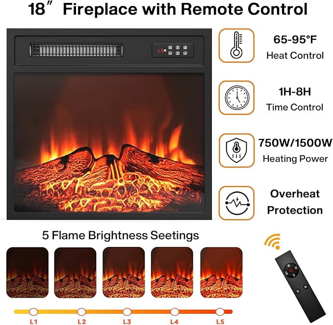 Fluted TV Stand with Fireplace, 60" Modern Fireplace TV Stand for Living Room, Entertainment Center with 18" Electric Fireplace, Curved Design Media Console Cabinet for Living Room (Black)