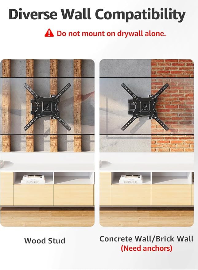 ELIVED Full Motion TV Wall Mount for Most 26-60 Inch TVs, Articulating Arms Swivel and Tilt tv Mount, Wall Mount Brackets Max VESA 400x400, Single Stud Perfect Center Design, Holds Up to 77 lbs.