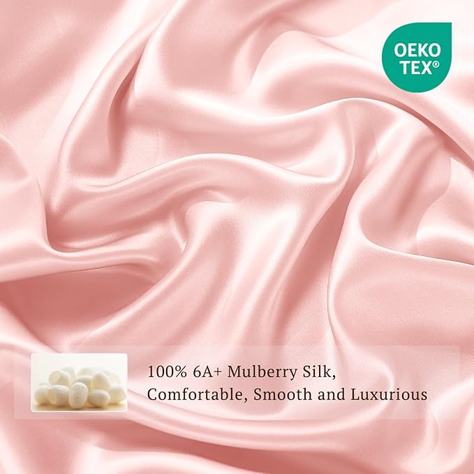 THXSILK Silk Sheet Set 4Pcs, 6A+ Top Grade 100% Pure Mulberry Silk Bed Sheets Ultra Soft Durable Luxury Bedding Sets, 1 Fitted Sheet, 1 Flat Sheet and 2 Pillowcases (Twin-XL, Charming Pink)