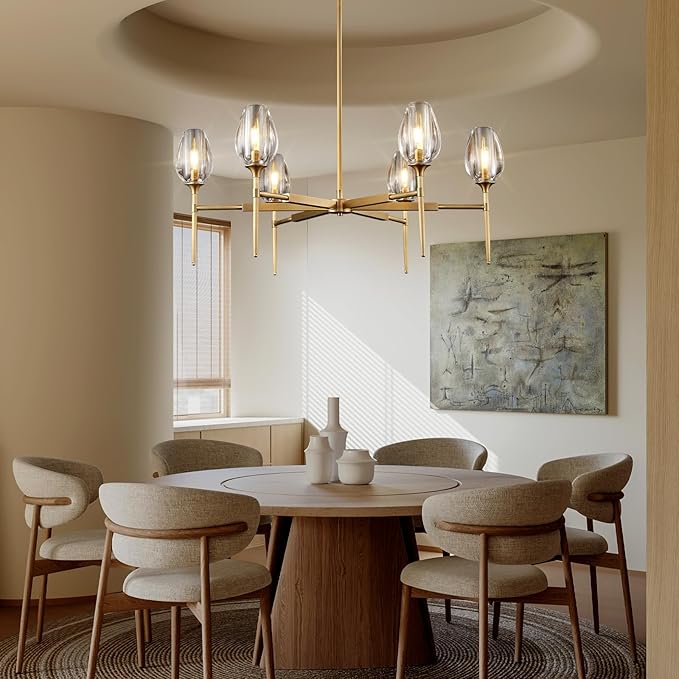 Modern Gold Round Chandelier Light Fixture, K9 Crystal Chandeliers for Dining Room, Living Room, 42in Dining Room Chandeliers Over Table, Chandelier for Bedroom, Foyer, Includes 6XG4 Bulbs