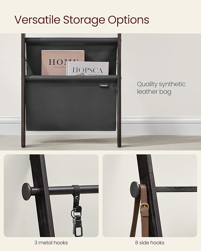 VASAGLE Blanket Ladder for Living Room, 5-Tier Wooden Ladder Shelf, Decorative Farmhouse Blanket Rack with Synthetic Leather Bag, Metal Hooks, Side Hooks, for Bedroom, Ink Black ULLS022B01