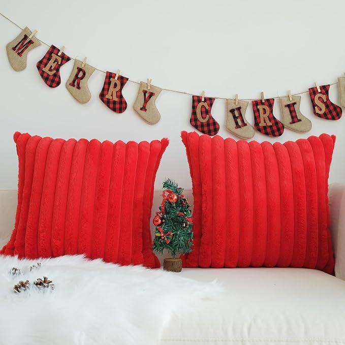 JOJUSIS Pack of 2 Faux Fur Plush Decorative Christmas Red Throw Pillow Covers Couch Cushion Case Soft Pillowcases (Red, 24 x 24-Inch)