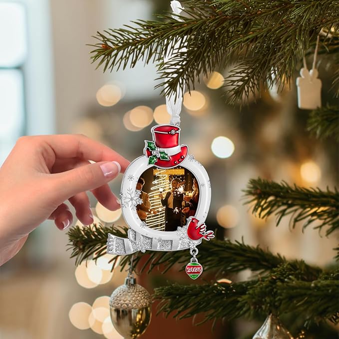 West style 2025 Snowflake Christmas Tree Ornaments Set 3 Pieces-Metallic Picture Frame Ornament Hanging Home Deco Gnomes Reindeer Hanging Pendant Holiday Keepsake Gift (White)