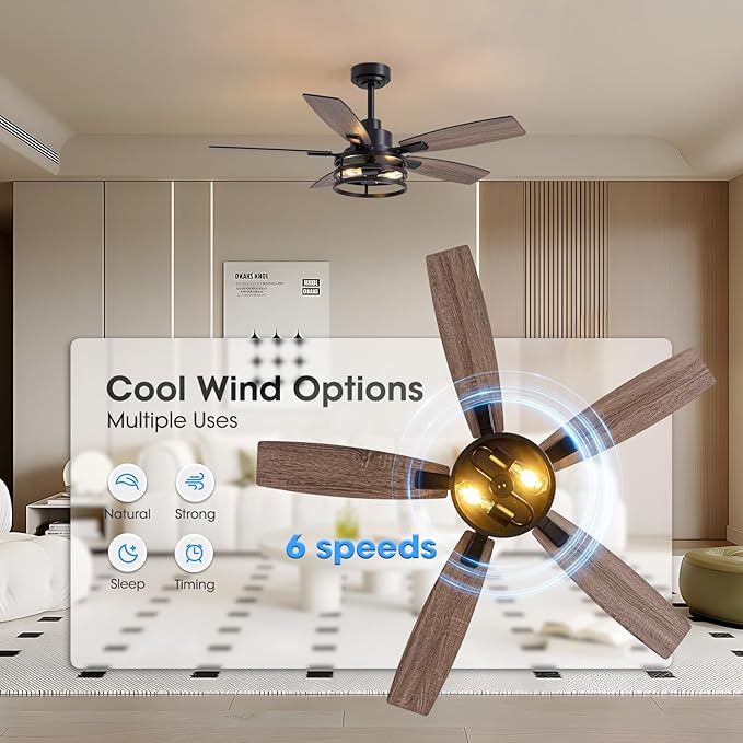 46 Inch Ceiling Fans with Lights and Remote & APP Control, Farmhouse Ceiling Fan with LED Lighting for Bedroom Living Room and Patio, Black Caged Ceiling Fan for Indoor and Outdoor(NO Bulbs