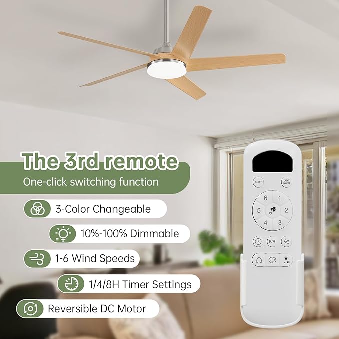 Sofucor 52 Inch Ceiling Fans with Lights and Remote Control-Modern Outdoor 5 ABS Blades Ceiling Fan, Dimmable 3-Color LED,Quiet DC Motor for Bedroom/Farmhouse/Indoor,Brushed Nickel&Natural Wood