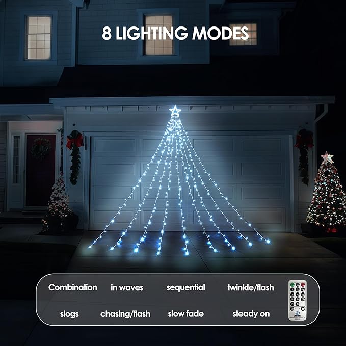 WBao Outdoor Christmas Decorations with 12" Star Topper, 344 LED 11.9ft Waterfall Christmas Lights with Remote Control, 8 Modes, 3 Timers, UL Listed, Waterproof for Tree Roof Porch Decor, Cool White