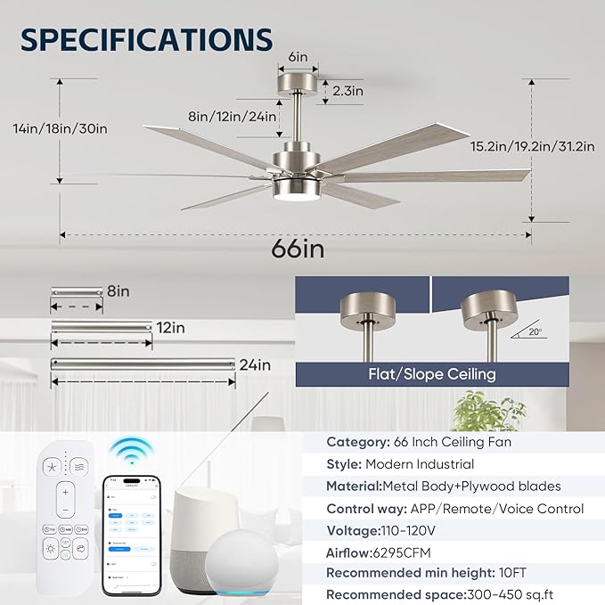 66 Inch Smart Ceiling Fan with Light, Large Modern Industrial Ceiling Fan with Remote/APP/Alexa Control, High CFM Quiet DC Indoor Outdoor Ceiling Fans for Patios Living Room Bedroom, Nickel & Oak