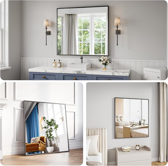 Koonmi Bathroom Mirror 36x40 Bathroom Wall-Mounted Mirrors, Modern Vanity Mirror for Bedroom, Living Room, Aluminum Alloy Frame Allow to Hang Horizontally or Vertically