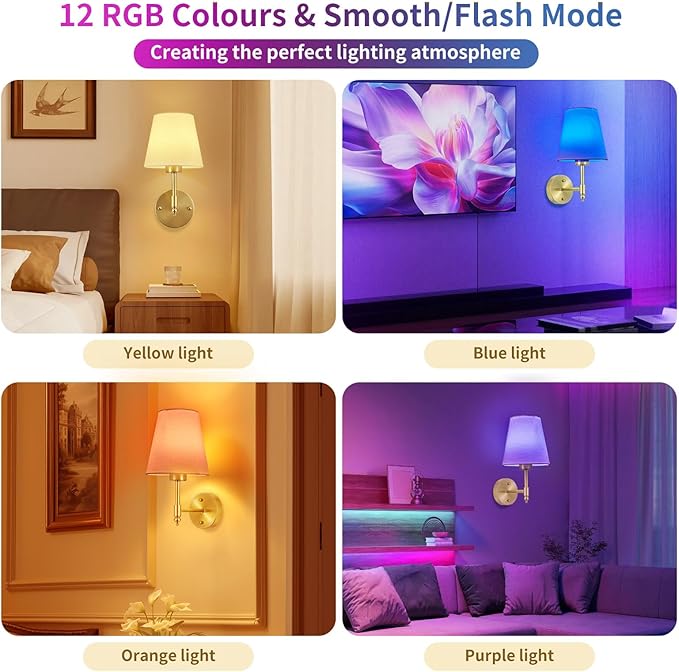Battery Operated Wall Sconce Set of 2, Rechargeable Wireless Wall Lights with fabric Lampshade, 5000mAh Dimmable Bulbs with Remote,15 Colors Wireless Wall Lamps for Bedroom Living Room Hallway Decor