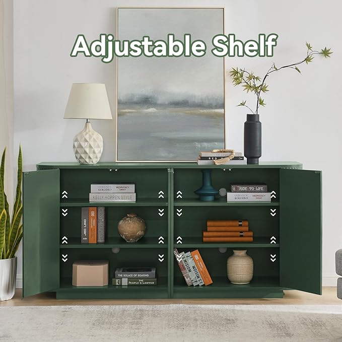 64" Sideboard Buffet Cabinet with Storage, Modern Fluted Accent Credenza with Adjustable Shelves, Wood Media Console Coffee Bar Table for Living Room Kitchen Dining Room, 31.5" H, Green