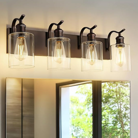 4 Light Bathroom Vanity Light, Morden Bathroom Vanity Lights Over Mirror Oil Rubbed Bronze Wall Sconce Light with Clear Glass Shade ZCVL01ORB-4